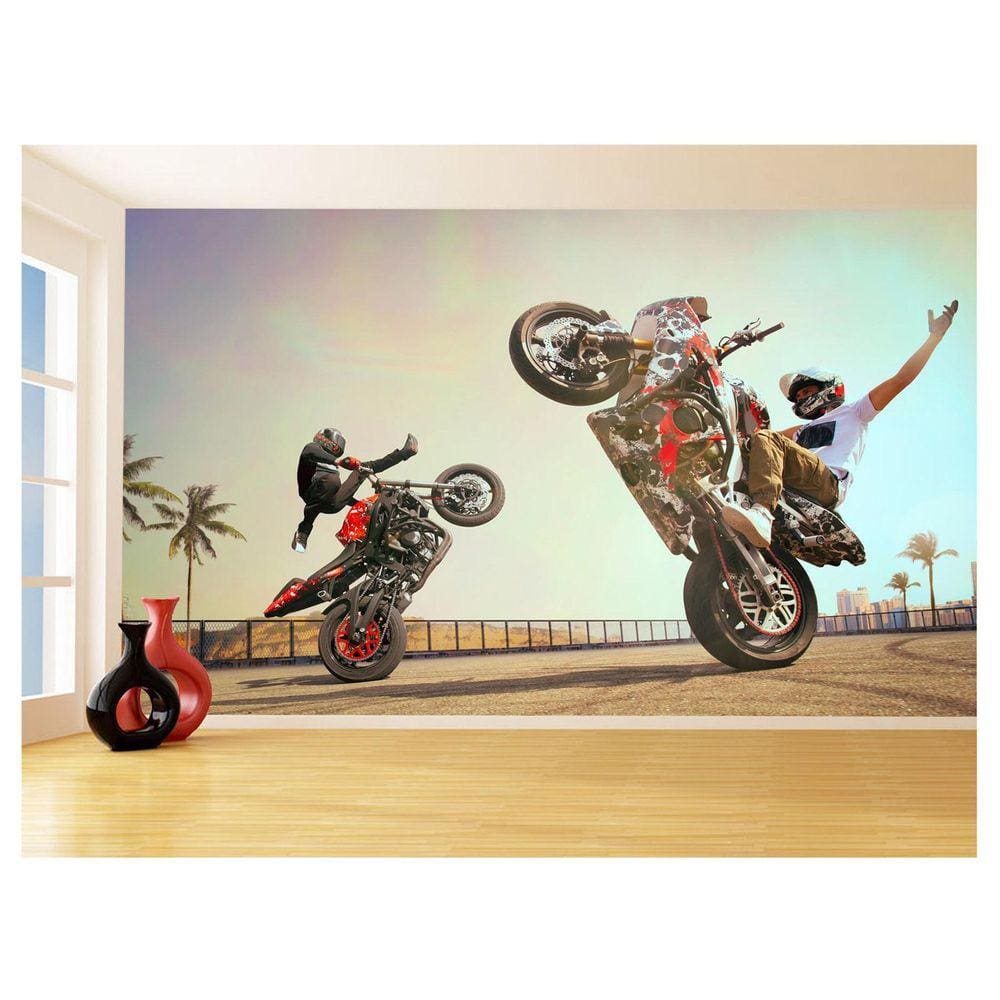 Papel De Parede 3D Moto Grau Empinando Manobra 3,5M Bkm34