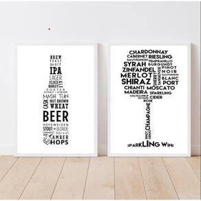Kit 2 Quadros Cerveja Vinho 24x18cm - Moldura Preta
