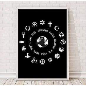 Quadro Religiões do Mundo Símbolos 45x34cm Madeira Preta