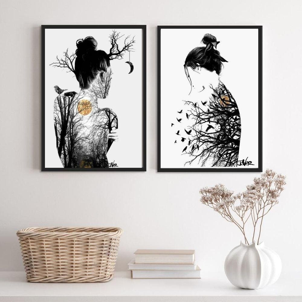 Kit 2 Quadros Mulheres Árvores Pássaros Lua 33x24cm - Branco