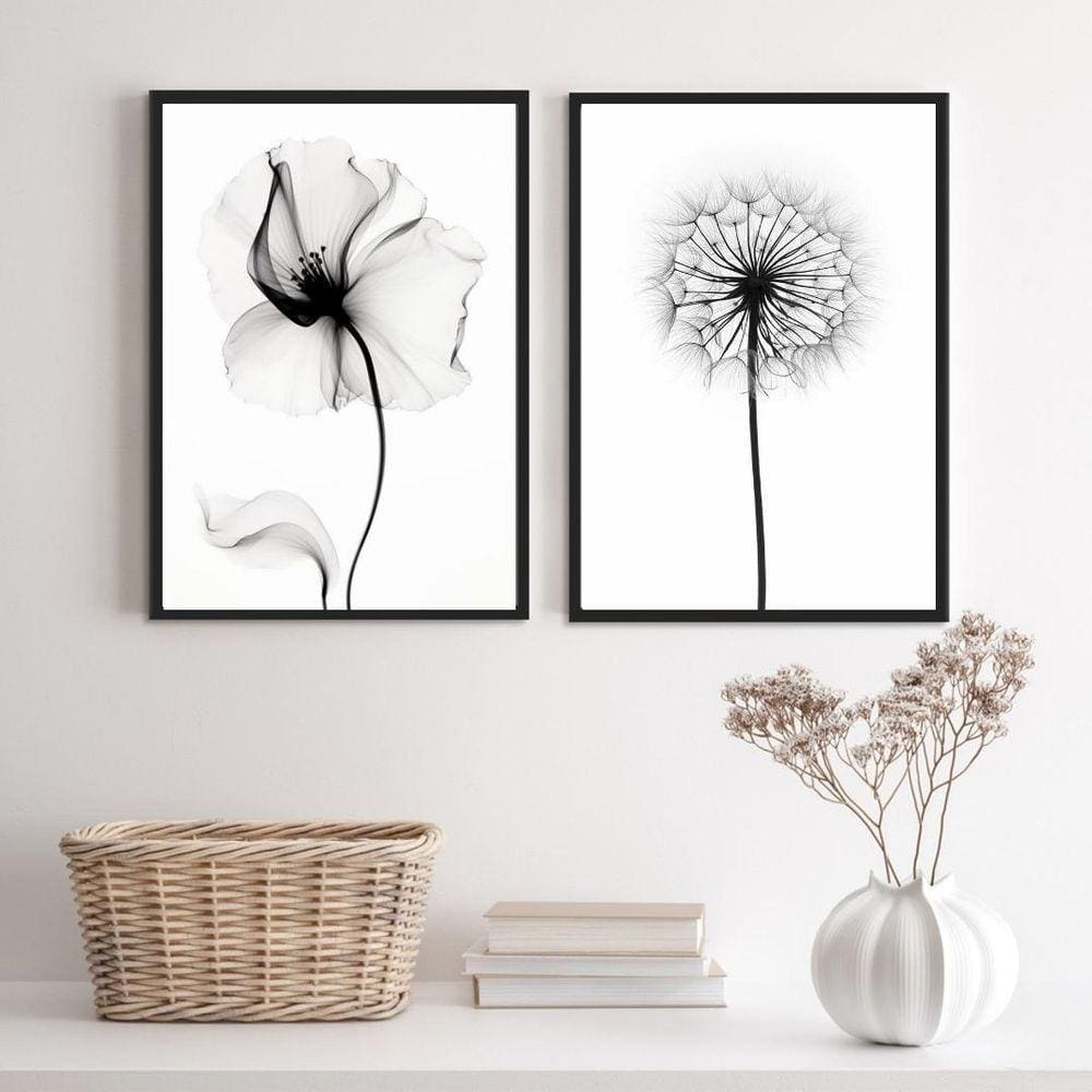 Kit 2 Quadros Minimalistas Flores 33x24cm - Moldura Preta