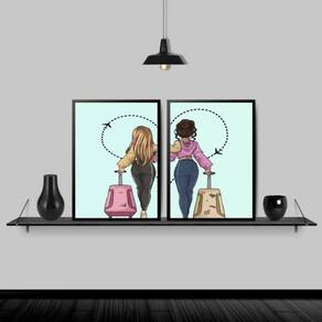 Kit 2 Quadros Melhores Amigas Viajantes 33X24Cm Vidro Branca