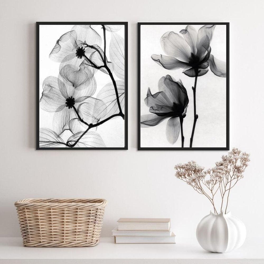 Kit 2 Quadros Flores Transparentes 33x24cm Madeira Preta