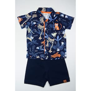 Conjunto Menino Bebê Algodão Azul Marinho Com Estampa Animal Elian