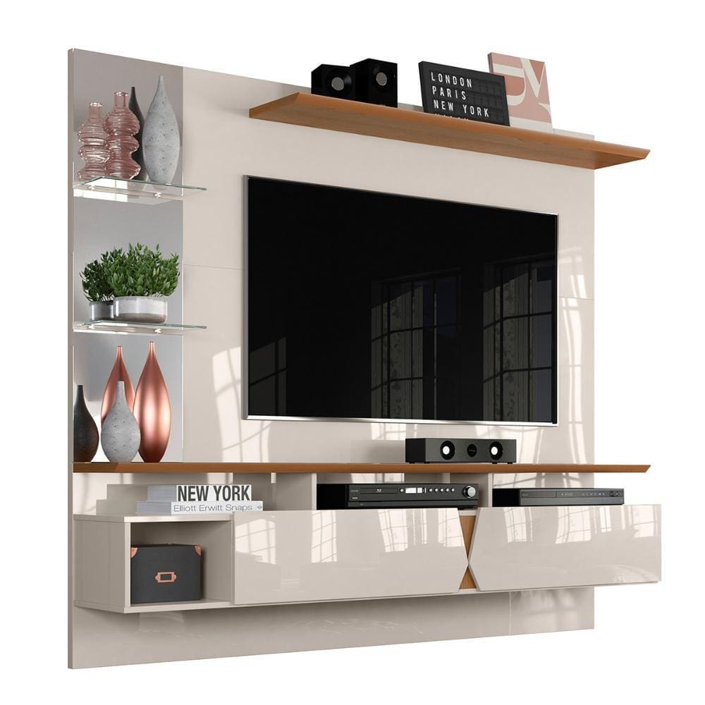 Painel Intense 1.83 Tv Até 55 Polegadas Prateleiras Laterais em Vidro Espelhos Decorativos 2 Portas Basculante Sala Estar - Off White/Damasco - RPM