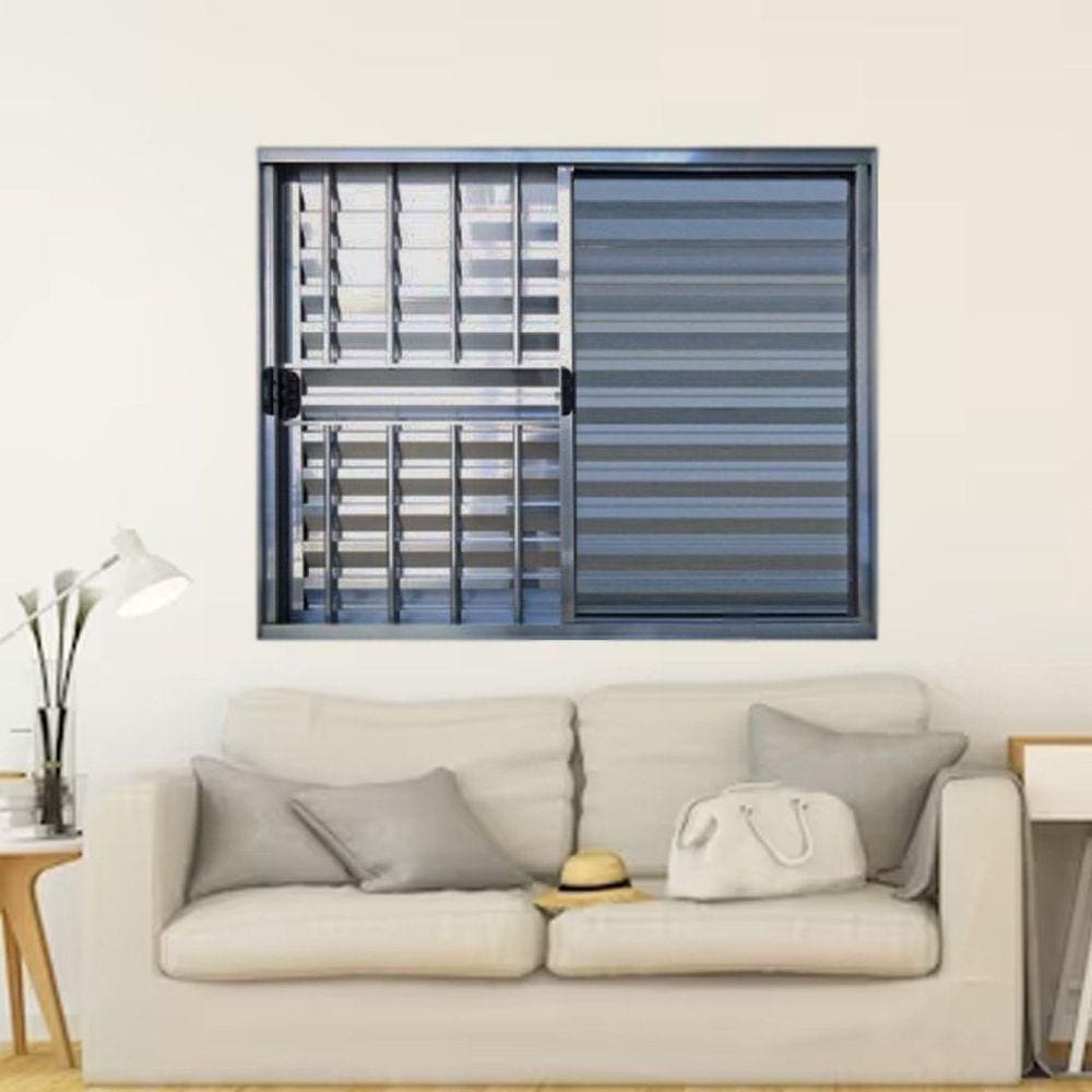 Janela Veneziana de Alumínio 3 Folhas 100 x 120cm Linha Modular com Grade Esquadrias Bergame Brilhante