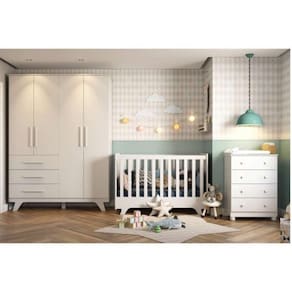 Quarto de Bebê Completo com Guarda Roupa 4 Portas 3 Gavetas Cômoda e Berço Retrô Móveis Peroba Branco Brilho