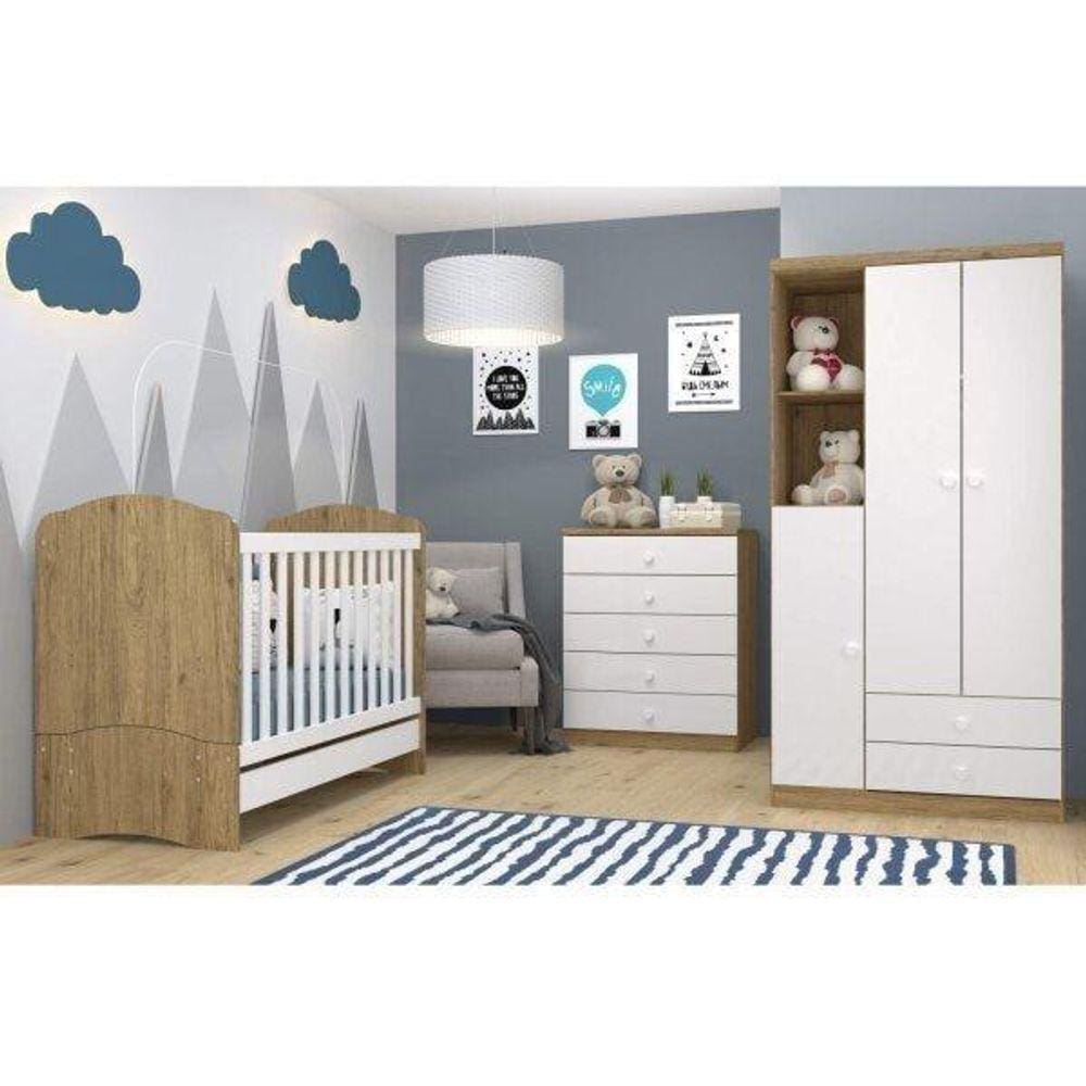Quarto de Bebê com Guarda Roupa 3 Portas Cômoda e Berço 3 em 1 Lápis de Cor Espresso Móveis Branco/Rústico