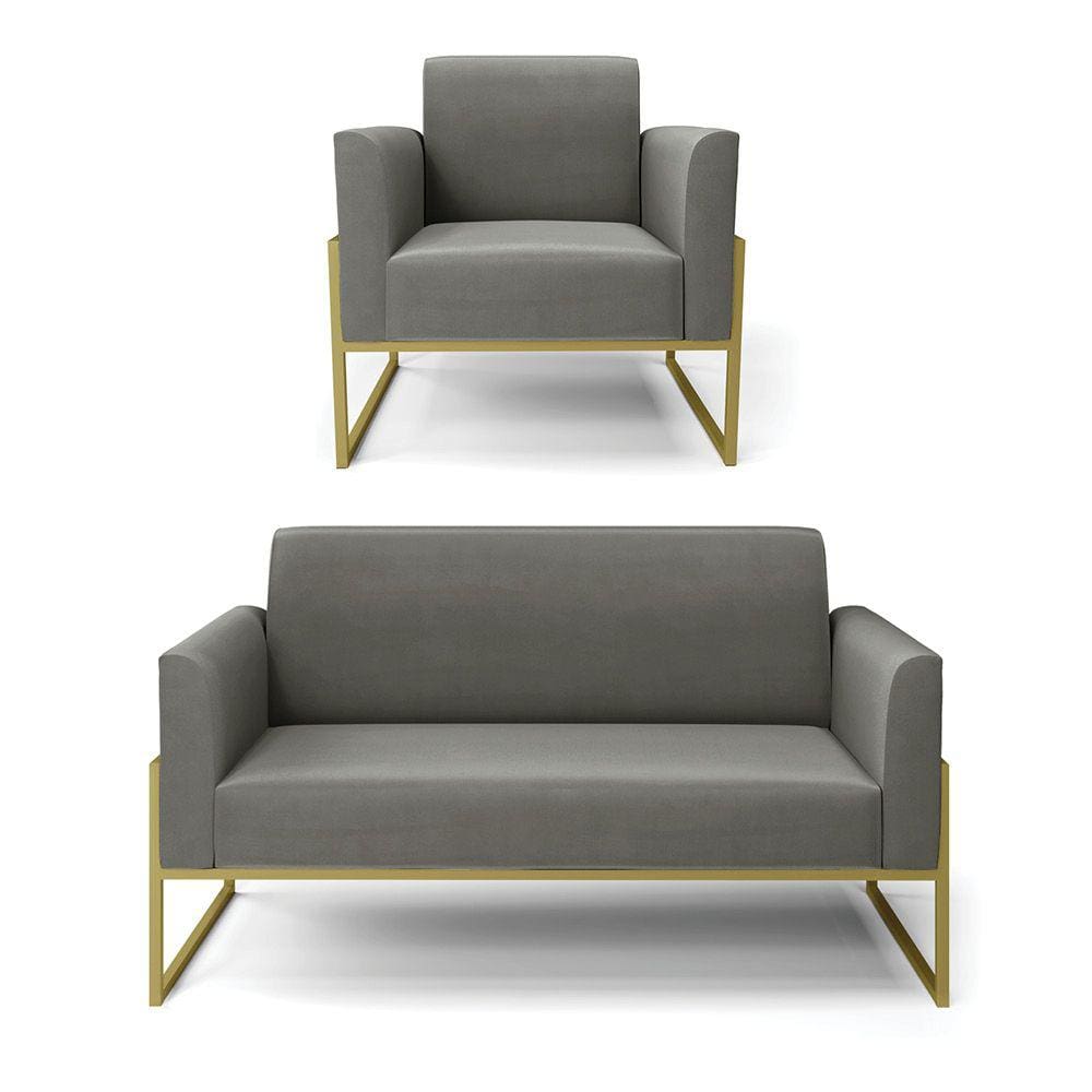 Sofá Namoradeira com Poltrona Base Industrial Alta Dourado Marisa Suede Grafite D03 - D`Rossi