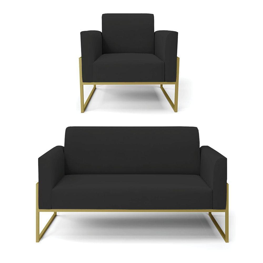 Sofá Namoradeira com Poltrona Base Industrial Alta Dourado Marisa Veludo Preto D03 - D`Rossi