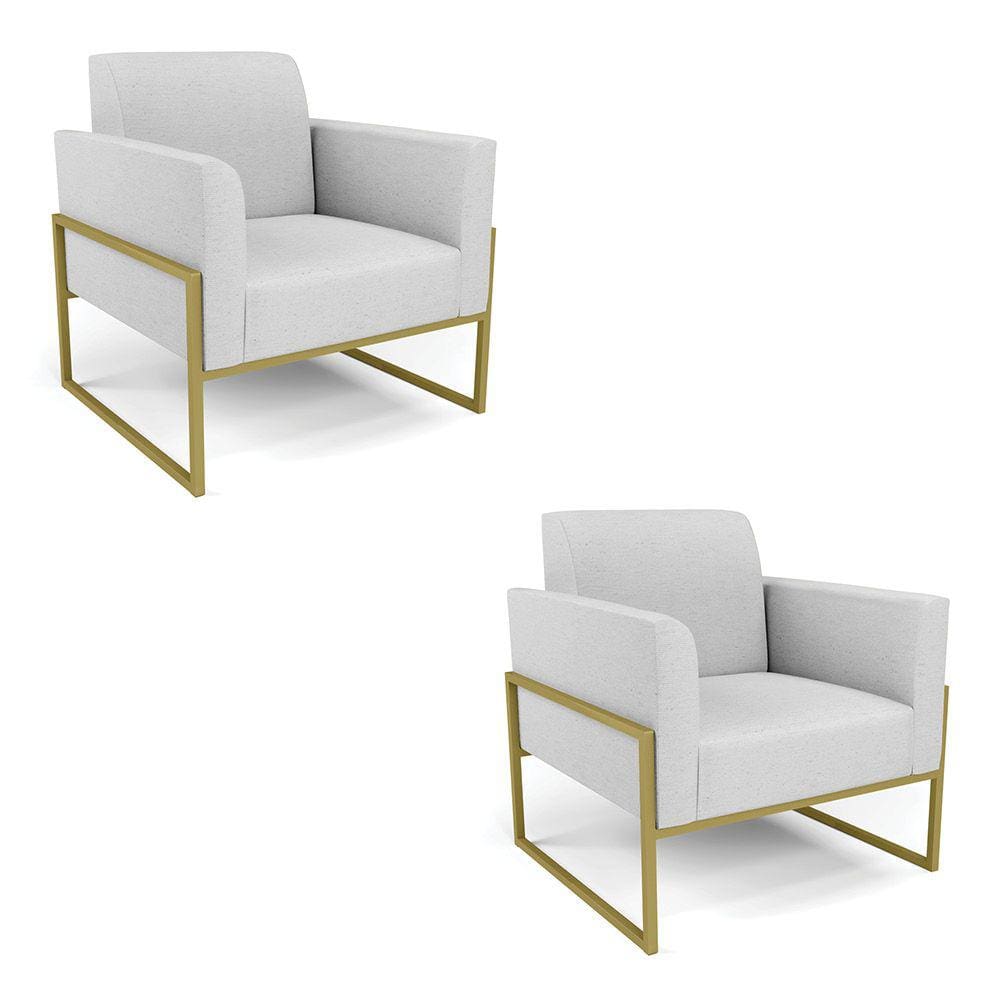 Kit 2 Poltronas Base Industrial Alta Dourado Marisa Linho Cinza A05 D03 - D`Rossi