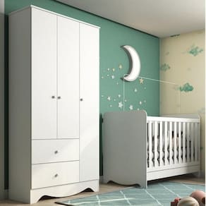 Quarto de Bebê com Berço Americano 3 em 1 e Guarda Roupa 3 Portas 2 Gavetas Ben Móveis Peroba Branco Brilho