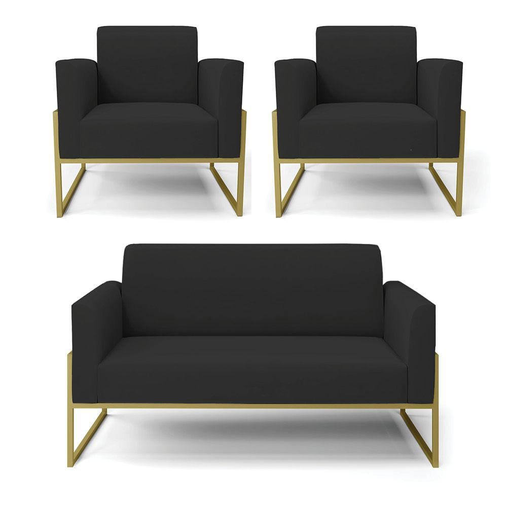 Sofá Namoradeira com 2 Poltronas Base Industrial Alta Dourado Marisa Veludo Preto D03 - D`Rossi
