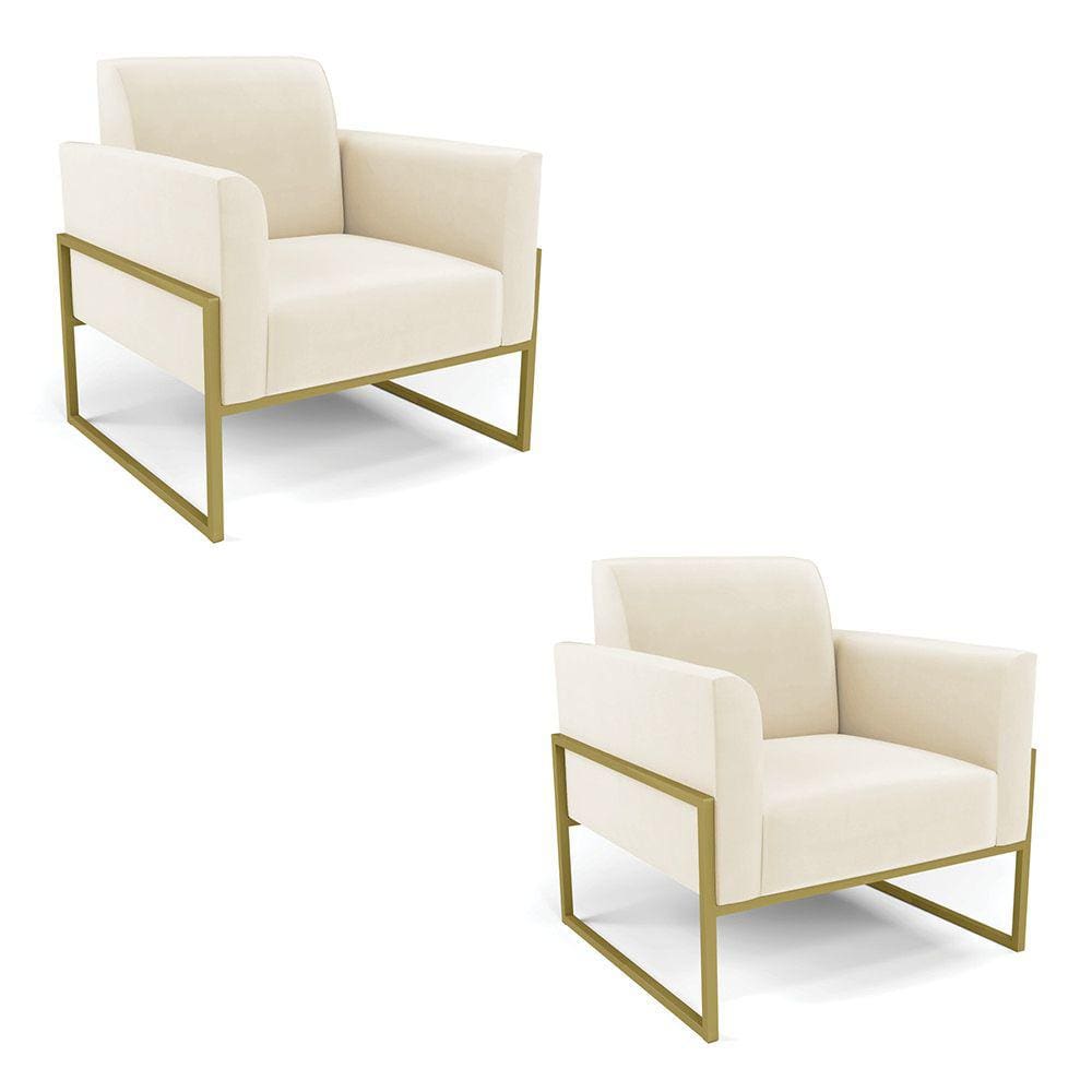 Kit 2 Poltronas Base Industrial Alta Dourado Marisa Veludo Bege D03 - D`Rossi