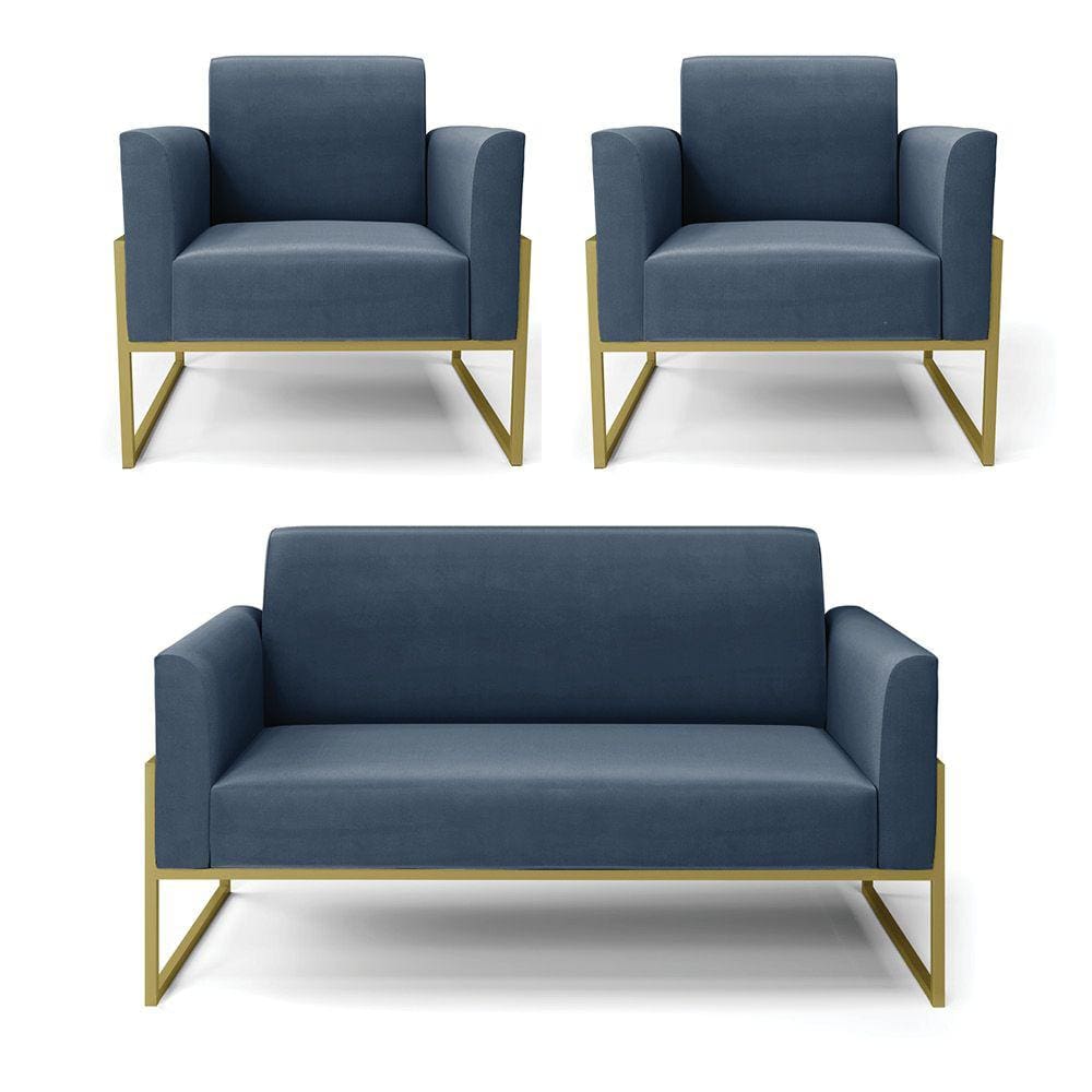 Sofá Namoradeira com 2 Poltronas Base Industrial Alta Dourado Marisa Suede Azul Marinho D03 - D`Rossi