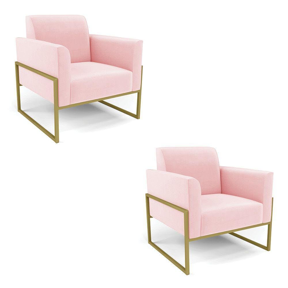 Kit 2 Poltronas Base Industrial Alta Dourado Marisa Suede Rosa Bebê D03 - D`Rossi