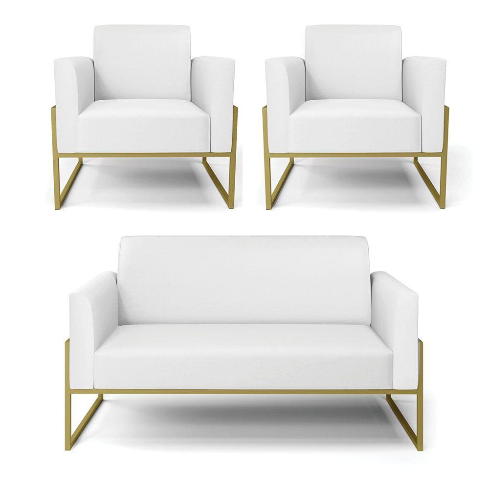 Sofá Namoradeira com 2 Poltronas Base Industrial Alta Dourado Marisa Corino Branco D03 - D`Rossi