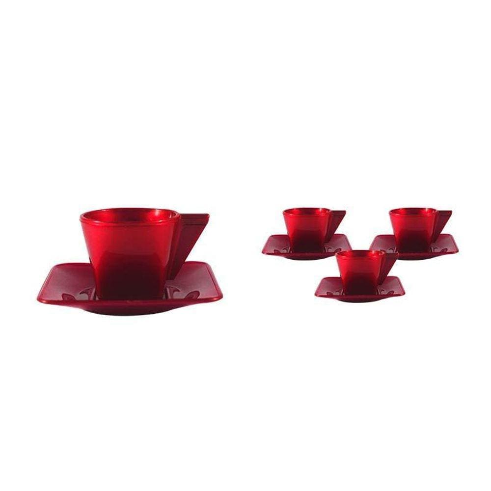 Kit 4 Xícara E Pires Vermelho 50Ml Plástico