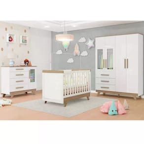 Quarto de Bebê Completo com Guarda Roupa com Janela Cômoda e Berço 100% MDF Kakau Retrô Espresso Móveis Branco Brilho/Carvalho