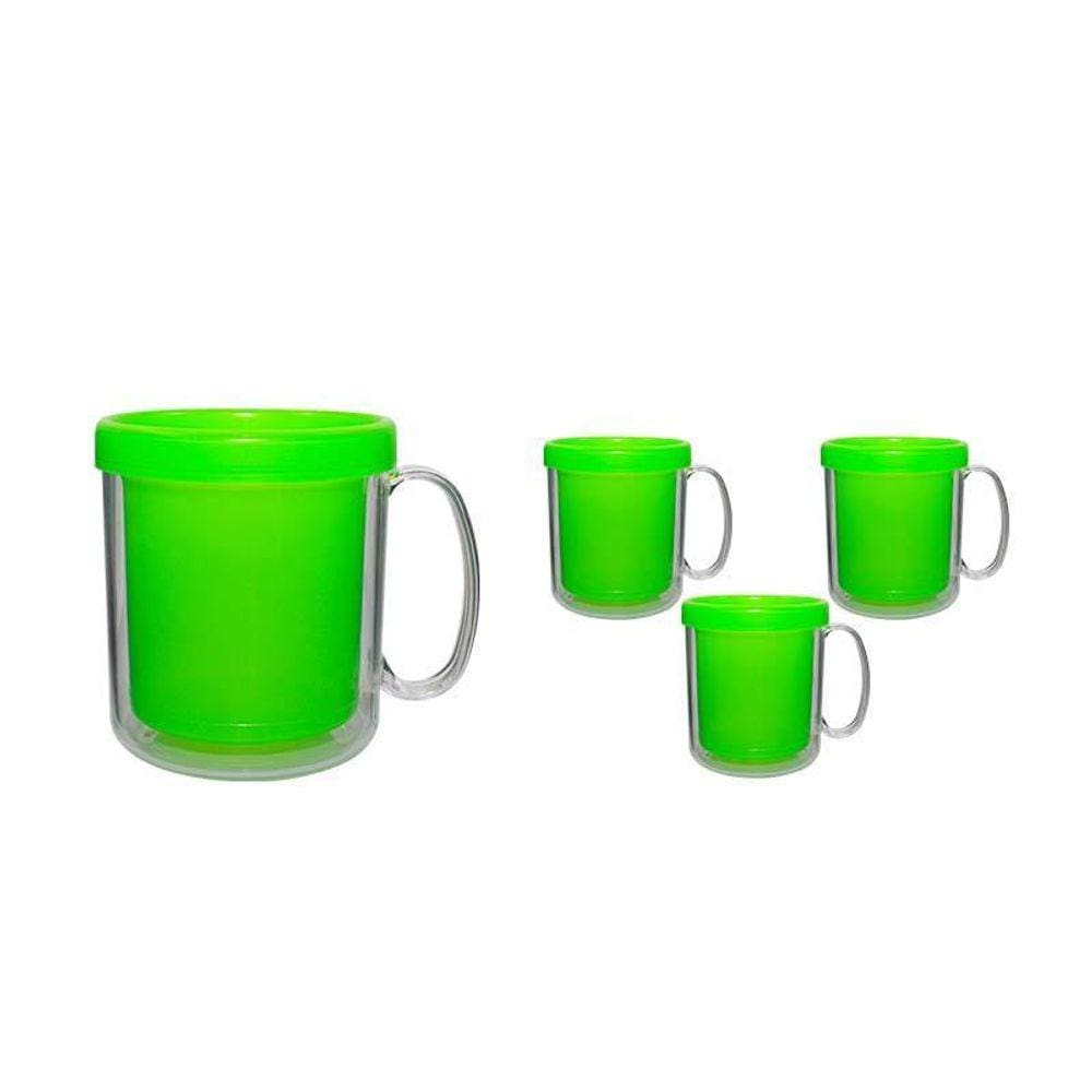 Kit 4 Canecas Térmica Cristal Verde Neon 300Ml Plástico