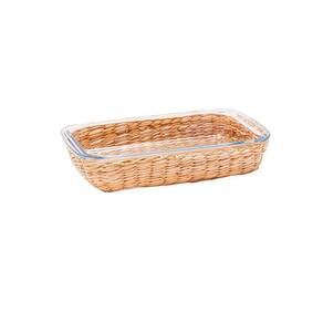 Travessa Retang Vidro Boro Suporte Rattan 27 cm Mimo Style