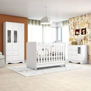 Quarto de Bebê Completo com Guarda Roupa e Cômoda com Janelas e Berço 3 em 1 Pirueta Espresso Móveis Branco Brilho