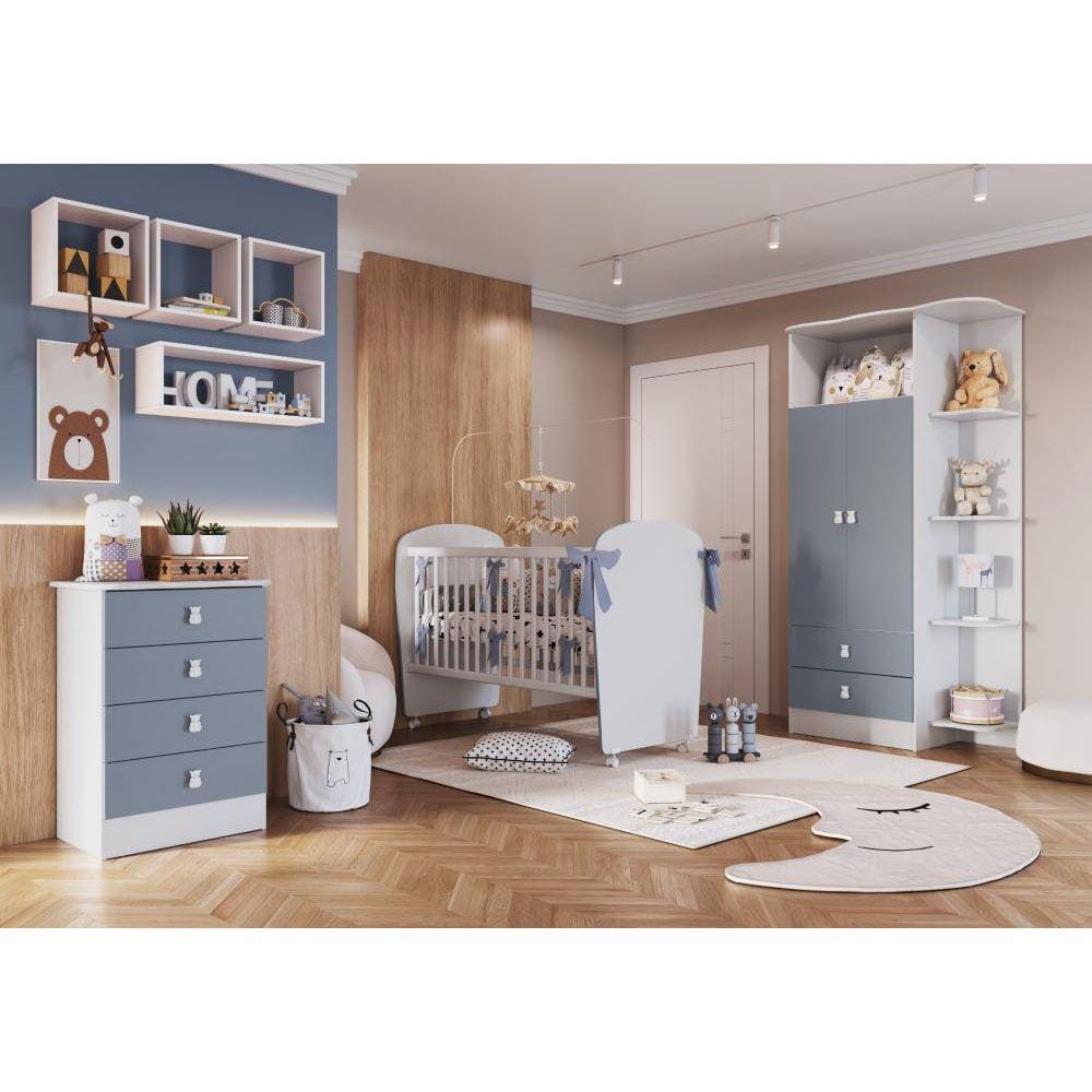 Quarto de Bebê com Guarda-Roupa e Cômoda Arco-Íris Branco/Azul