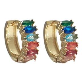 Brinco Argola Zirconia Colorido Folheado Ouro - Dourado