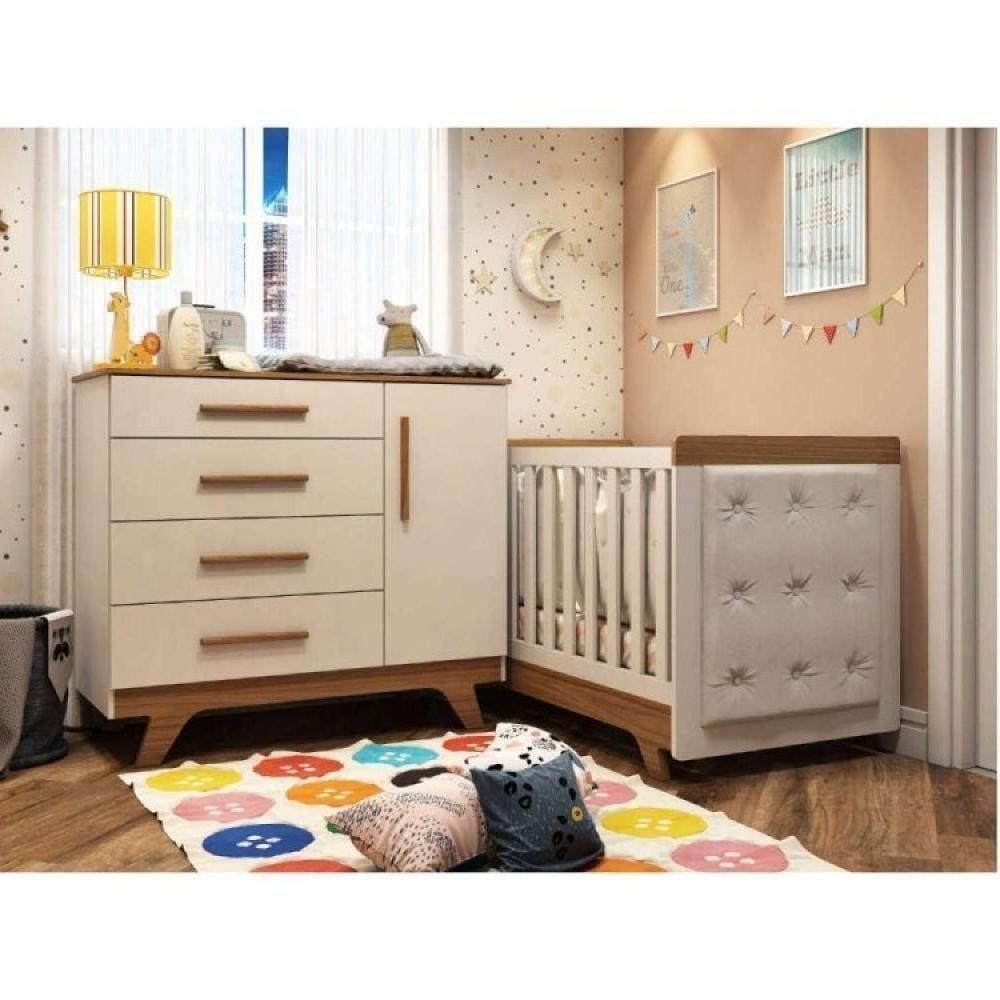Conjunto para Quarto de Bebê com Cômoda 1 Porta 4 Gavetas e Berço com Capitone Retrô Móveis Peroba Branco Brilho/Carvalho/Corino Branco