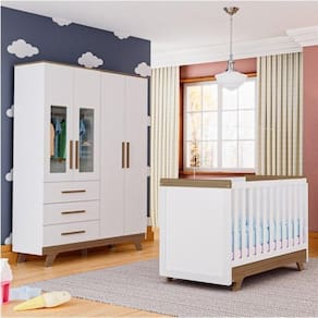 Quarto de Bebê Completo Berço Retrô com Guarda Roupa Janela em Acrílico Móveis Peroba Branco Brilho/Carvalho