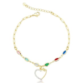 Pulseira Elos E Zircônios Coloridos E Coração Banhado A Ouro 18k