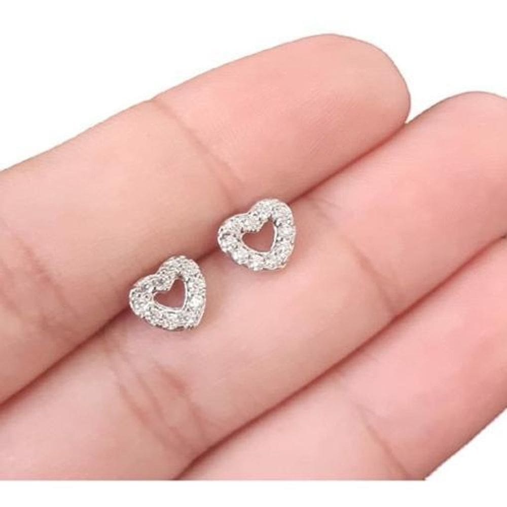 Brinco Infantil Coração Zirconia 2 Furo - Prateado