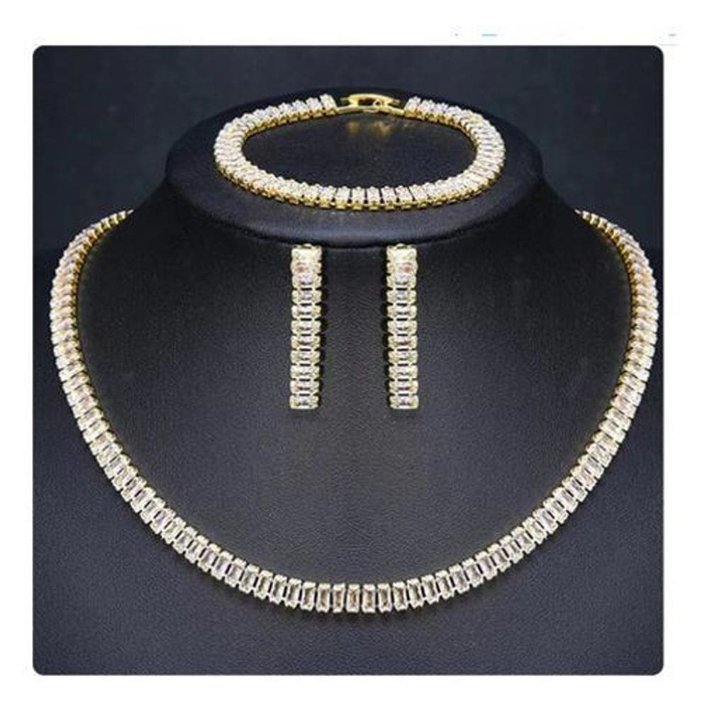 Conjunto Colar Brinco Pulseira Ouro 18k Zircônia Retangular