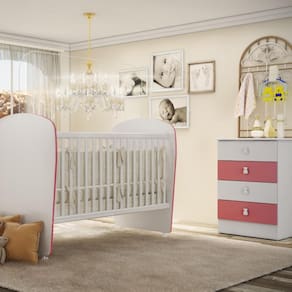 Quarto de Bebê Completo Cômoda 4 Gavetas com Berço Céu Móveis Percasa Branco/Rosa