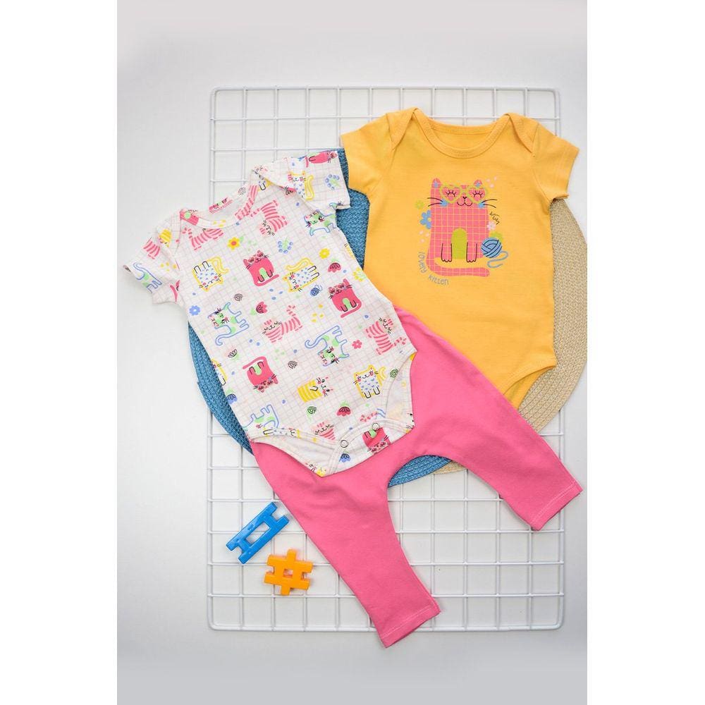 Kit Bebê Menina com Body Manga Curta e Calça - Gatinhas em Rosa e Amarelo Elian