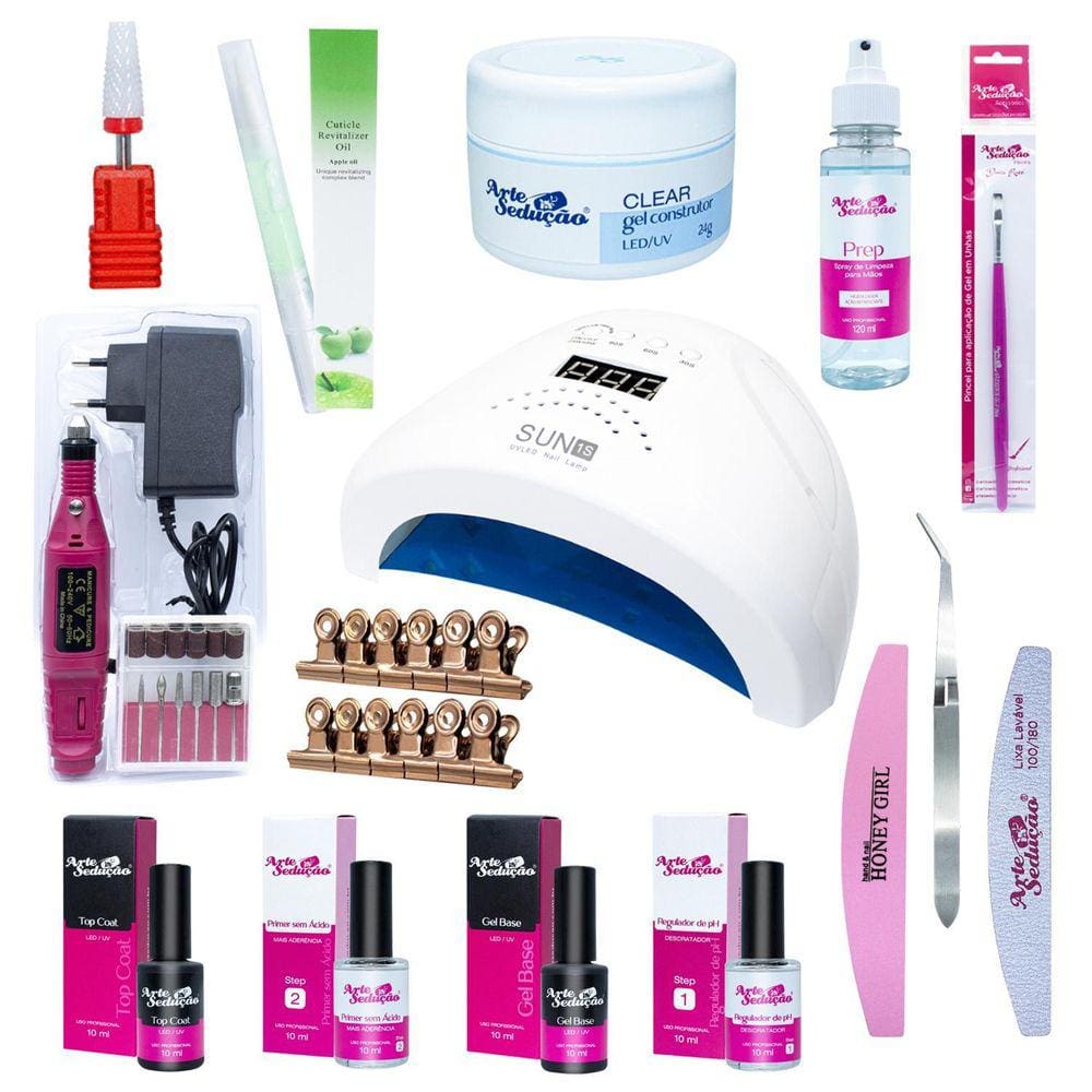 Kit Unhas Gel Completo Cabine Led Uv Lixadeira Gel Base Top