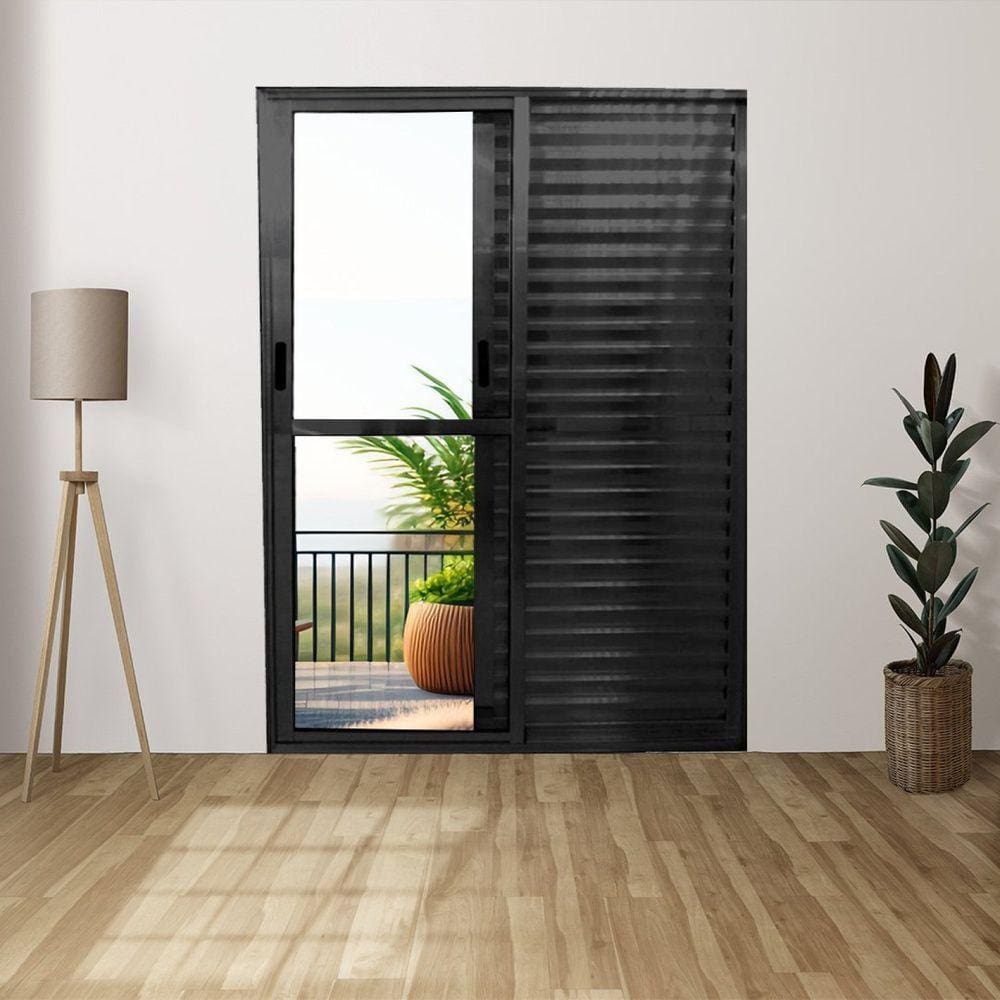 Porta Balcão de Alumínio 3 Folhas 210 x 120cm com Fechadura Linha 25 Preto