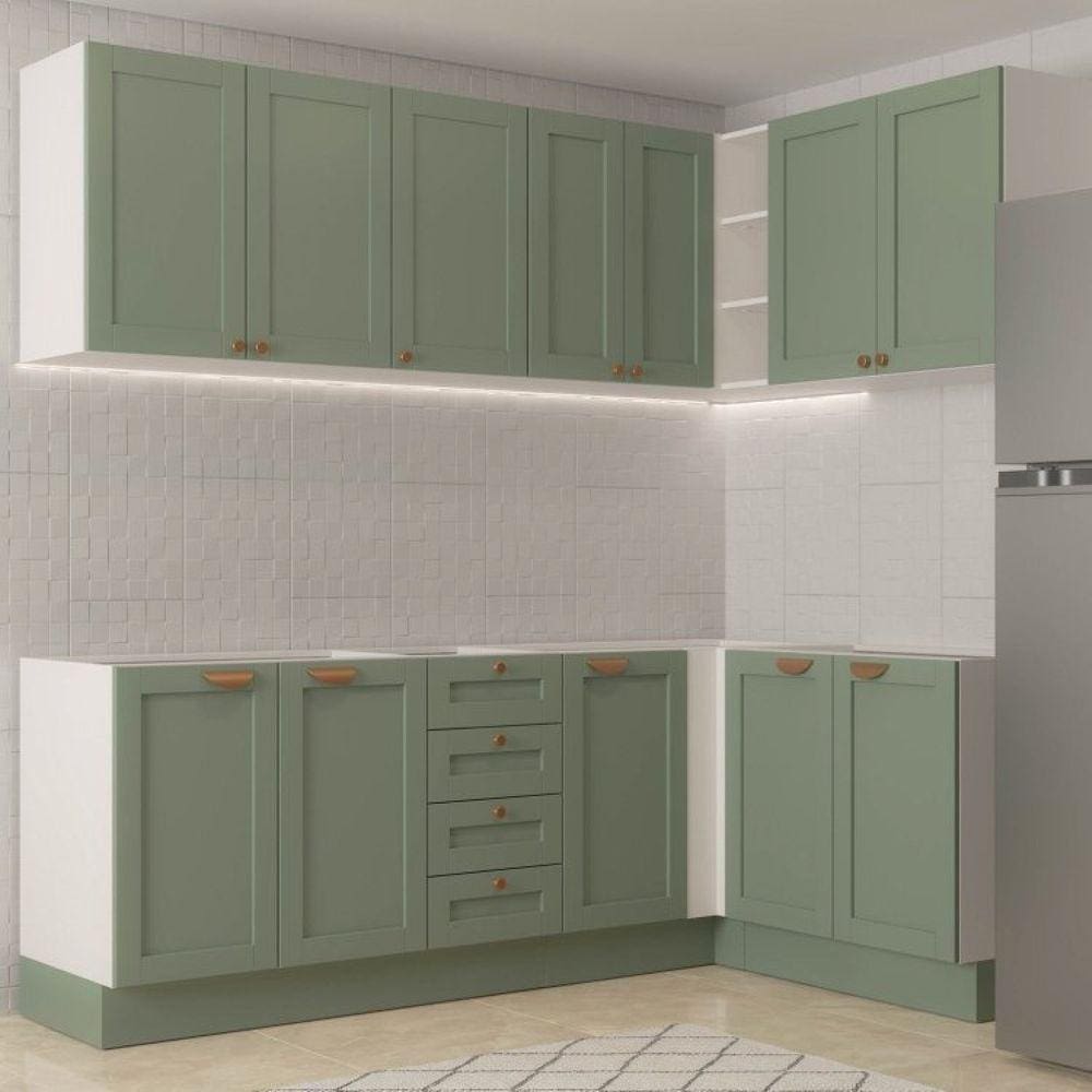 Cozinha Modulada 6 Peças sem Tampo 3 Armários Aéreos e Nichos, 3 Balcões Cabecasa Madeiramadeira Verde Menta/Branco