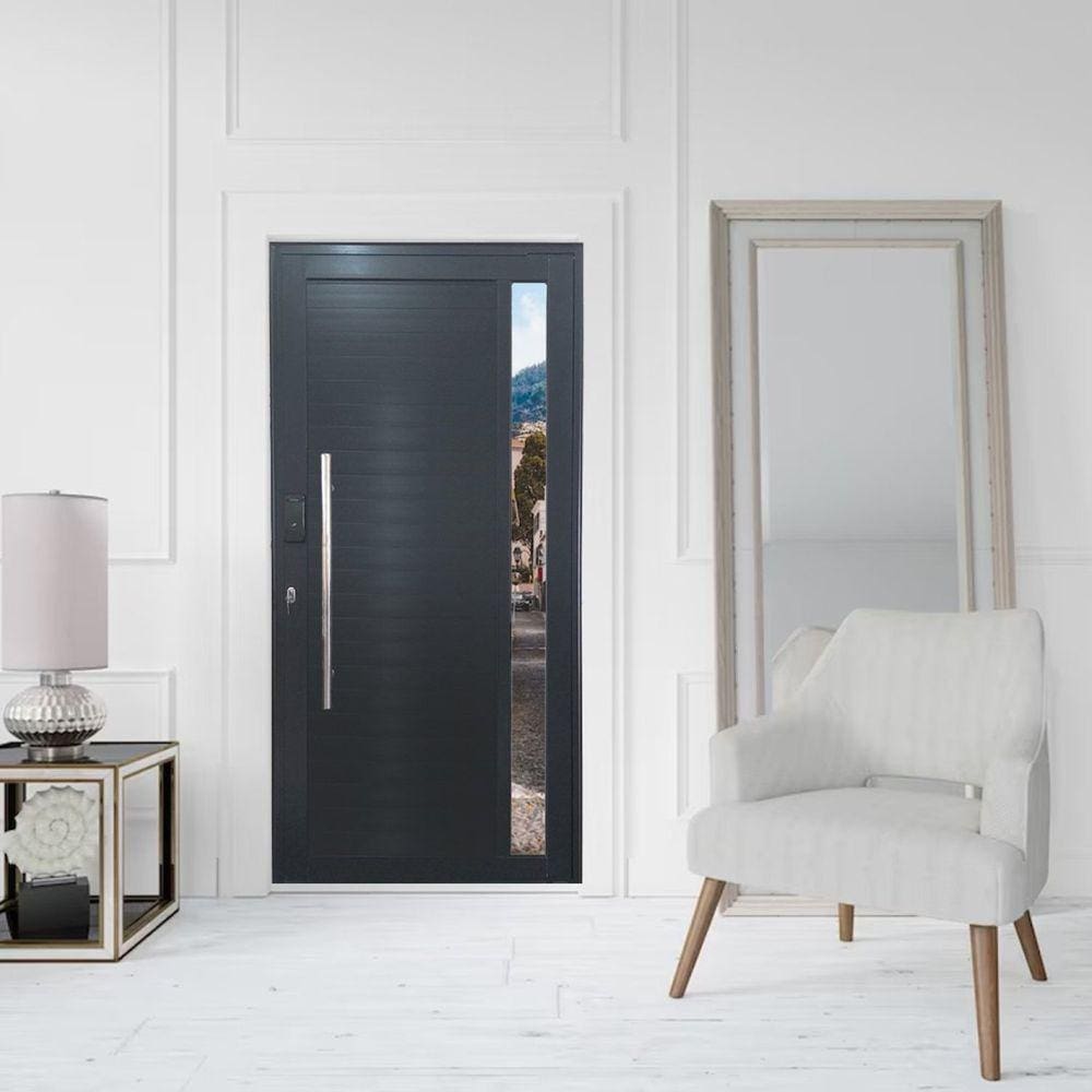 Porta Pivotante de Alumínio 210 x 120cm com Visor e Fechadura Digital Linha 30 Direita Preto