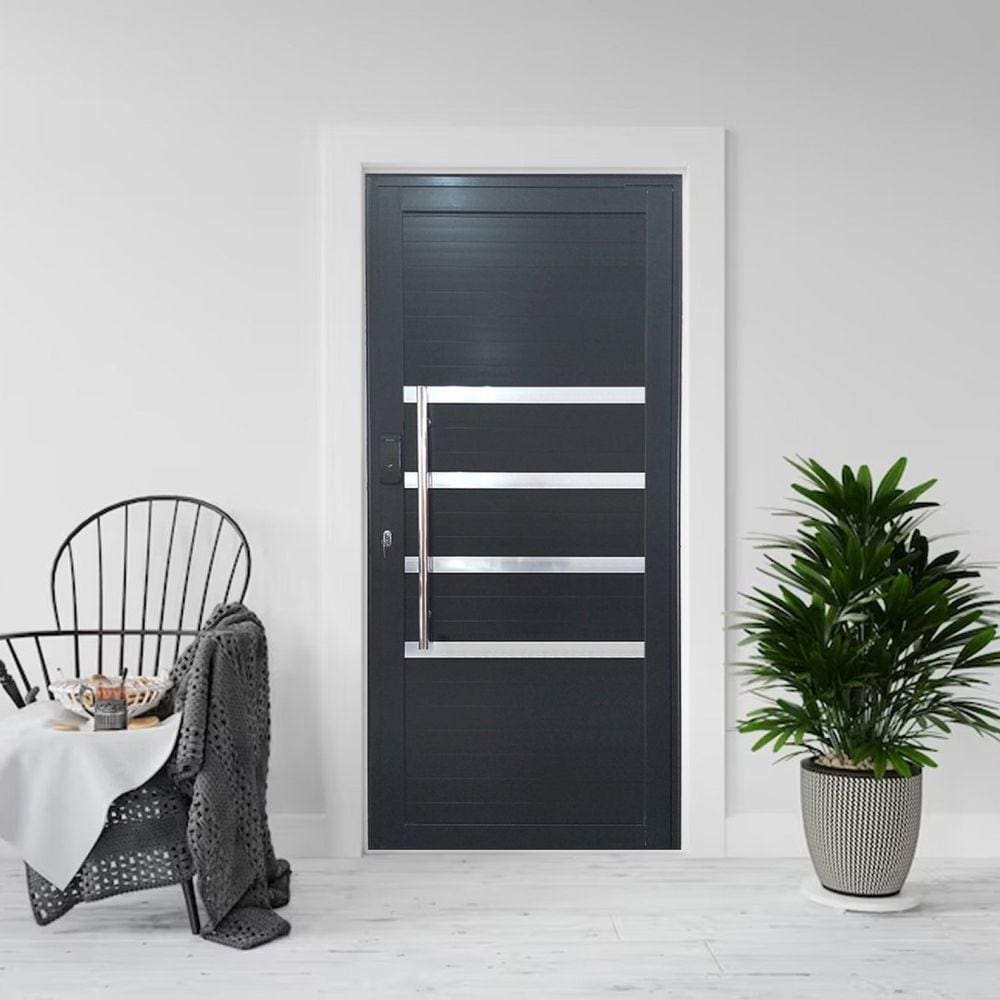 Porta Pivotante de Alumínio 210 x 120cm com Friso e Fechadura Digital Linha 30 Esquerda Preto