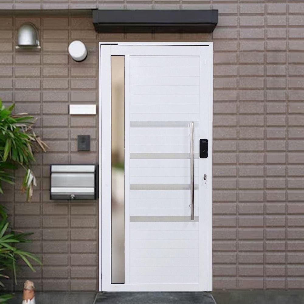 Porta Pivotante de Alumínio 210 x 120cm com Friso, Visor e Fechadura Digital Linha 30 Esquerda Branco