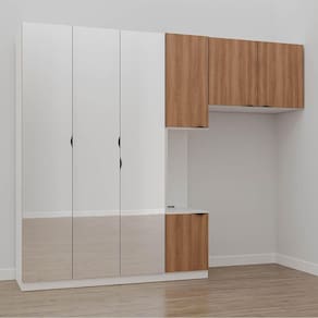 Guarda Roupa Modulado de Solteiro com Espelho e Mesa de Cabeceira Esquerda 7 Portas 3 Peças Hera Cab Branco Geada/Louro/Preto