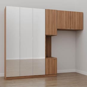 Guarda Roupa Modulado de Solteiro com Espelho e Mesa de Cabeceira Esquerda 7 Portas 3 Peças Hera Cab Louro/Cromado