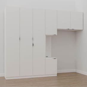 Guarda Roupa Modulado de Solteiro com Mesa de Cabeceira Esquerda 7 Portas 3 Peças Hera Cabecasa Made Branco Geada/Preto