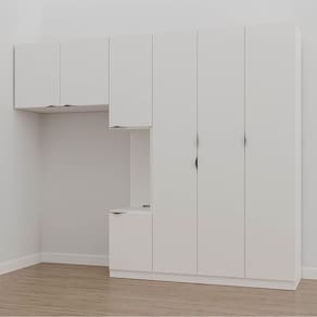 Guarda Roupa Modulado de Solteiro com Mesa de Cabeceira Direita 7 Portas 3 Peças Hera Cabecasa Madei Branco Geada/Preto
