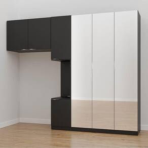 Guarda Roupa Modulado de Solteiro com Espelho e Mesa de Cabeceira Direita 7 Portas 3 Peças Hera Cabe Preto/Cromado