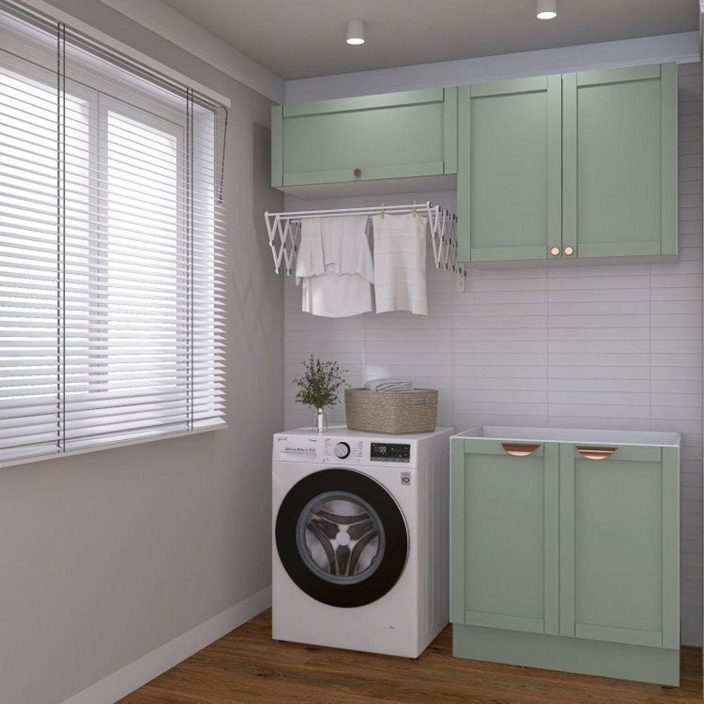 Lavanderia Modulada 3 Peças sem Tampo 2 Armários Aéreos 1 Balcão 2 Portas Cabecasa Madeiramadeira Verde Menta/Branco