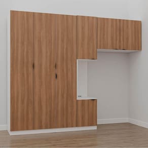 Guarda Roupa Modulado de Solteiro com Mesa de Cabeceira Esquerda 7 Portas 3 Peças Hera Cabecasa Made Branco Geada/Louro/Preto