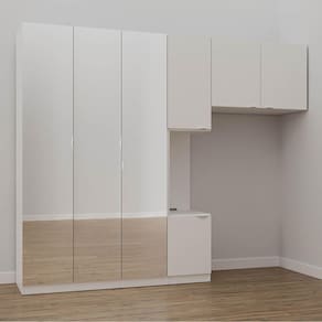 Guarda Roupa Modulado de Solteiro com Espelho e Mesa de Cabeceira Esquerda 7 Portas 3 Peças Hera Cab Branco Geada/Cromado
