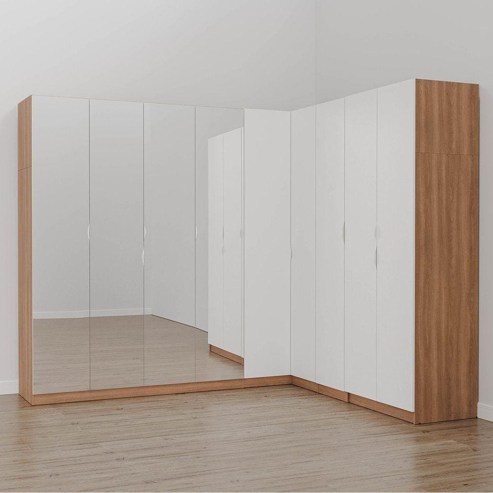 Guarda Roupa Modulado de Canto com Espelho 9 Portas 4 Peças Hera Cabecasa Madeiramadeira Louro/Branco Geada/Cromado